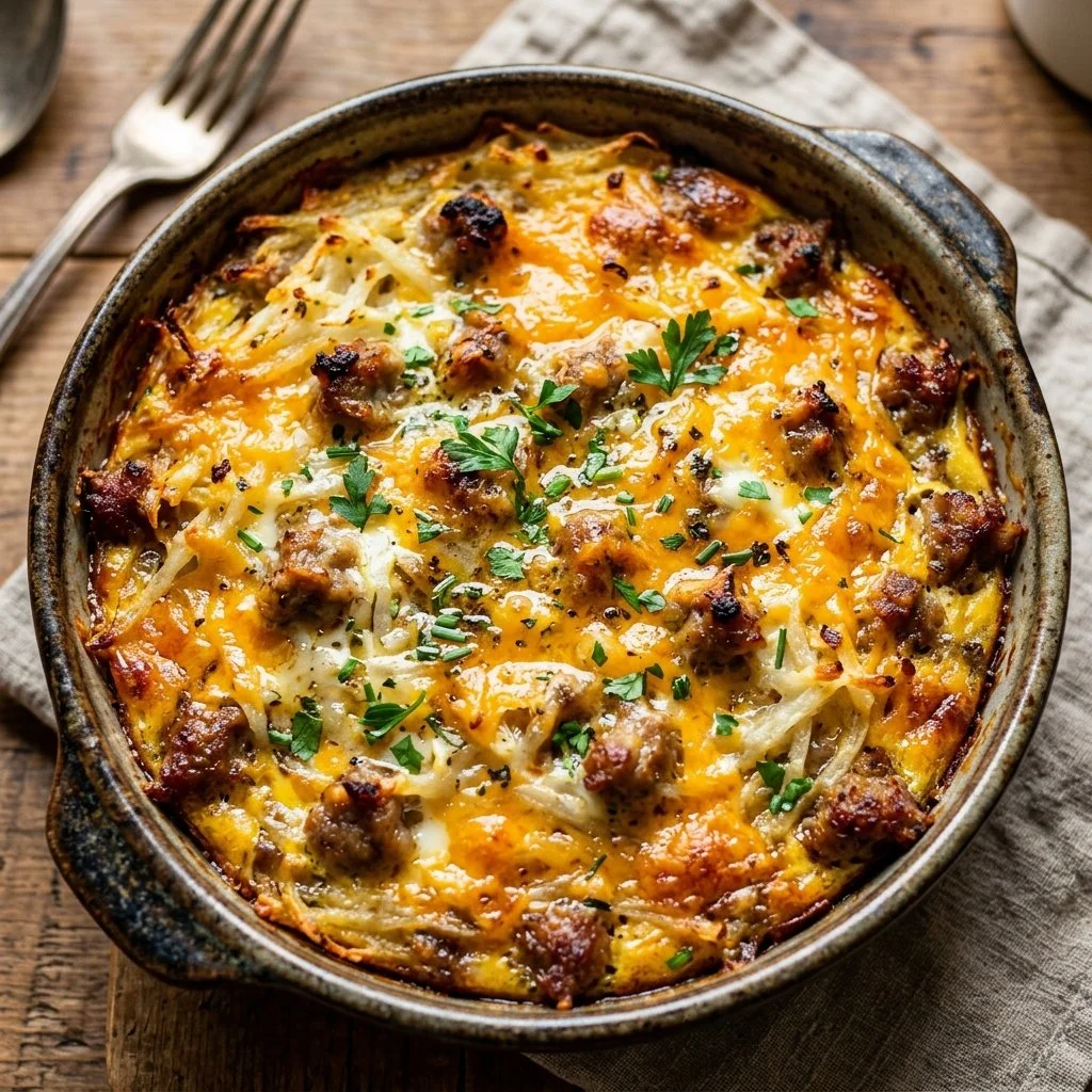 Sausage Hashbrown Breakfast Casserole topped with cheese and herbs