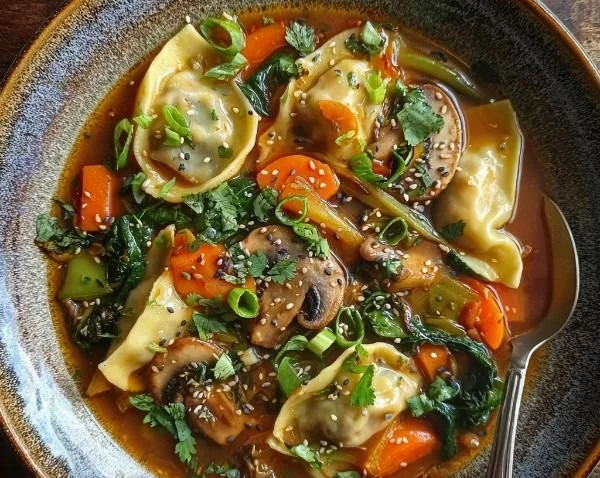 Bowl of savory Asian potsticker soup with rich broth and fresh vegetables.
