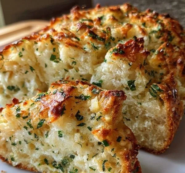 Savory baked cheese bread topped with garlic and herbs, fresh out of the oven.