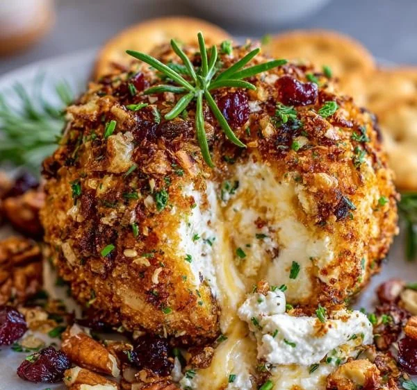 Savory herb-crusted cheeseball with a creamy cheese filling on a platter