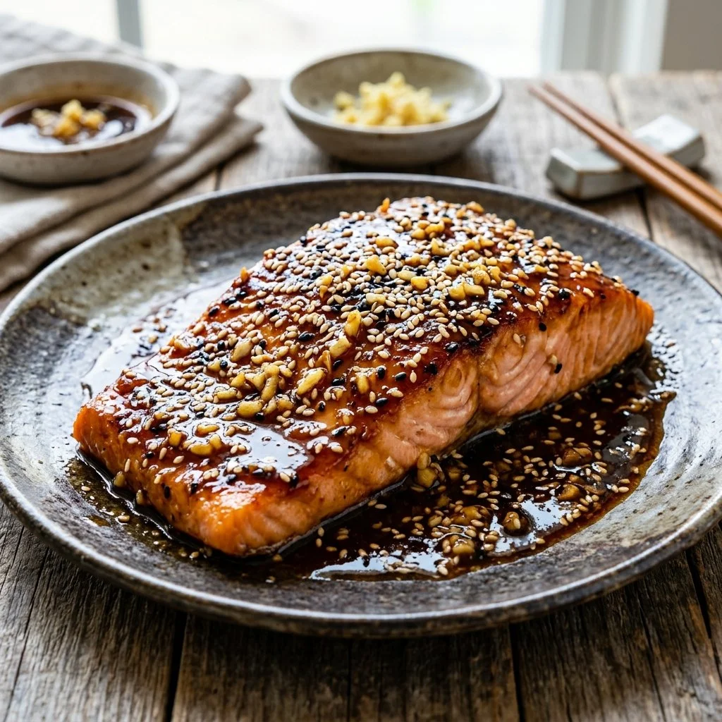 Delicious sesame ginger salmon garnished with sesame seeds and green onions