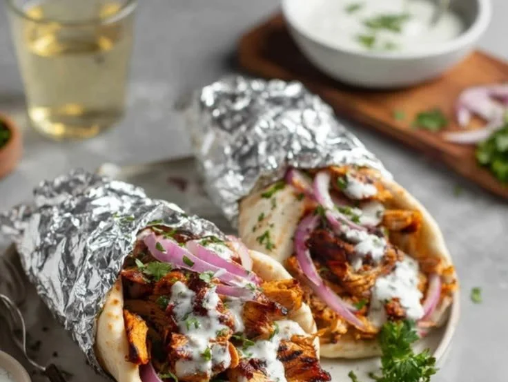 Delicious homemade shawarma chicken wrap on a plate with fresh ingredients