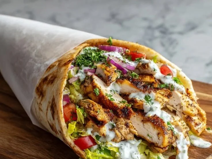 Homemade shawarma chicken wrap with fresh vegetables and flavorful sauce