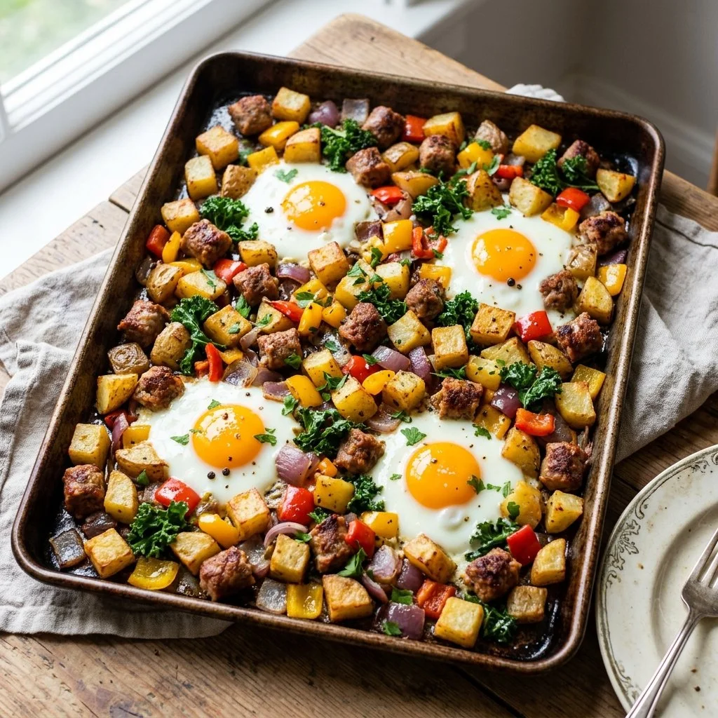Delicious Sheet Pan Breakfast Hash with vegetables and eggs