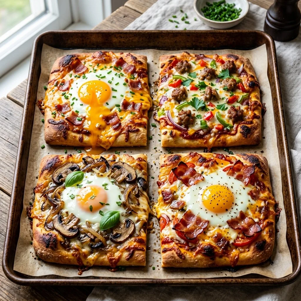Delicious sheet pan breakfast pizzas topped with eggs and vegetables