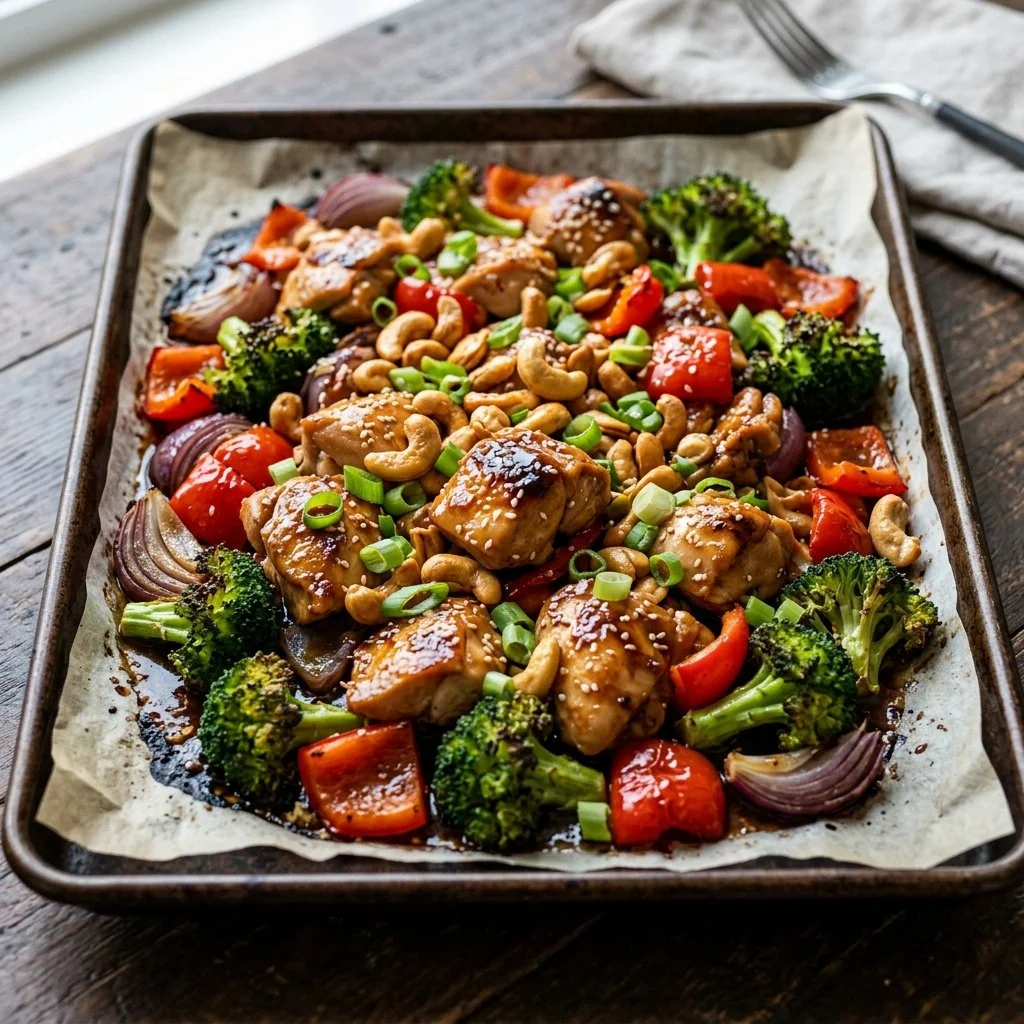 Sheet Pan Cashew Chicken with colorful vegetables on a baking sheet