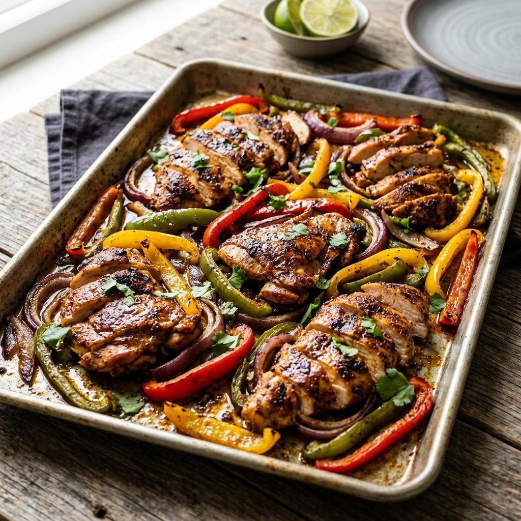 Sheet pan chicken fajitas with colorful bell peppers and onions ready to serve.