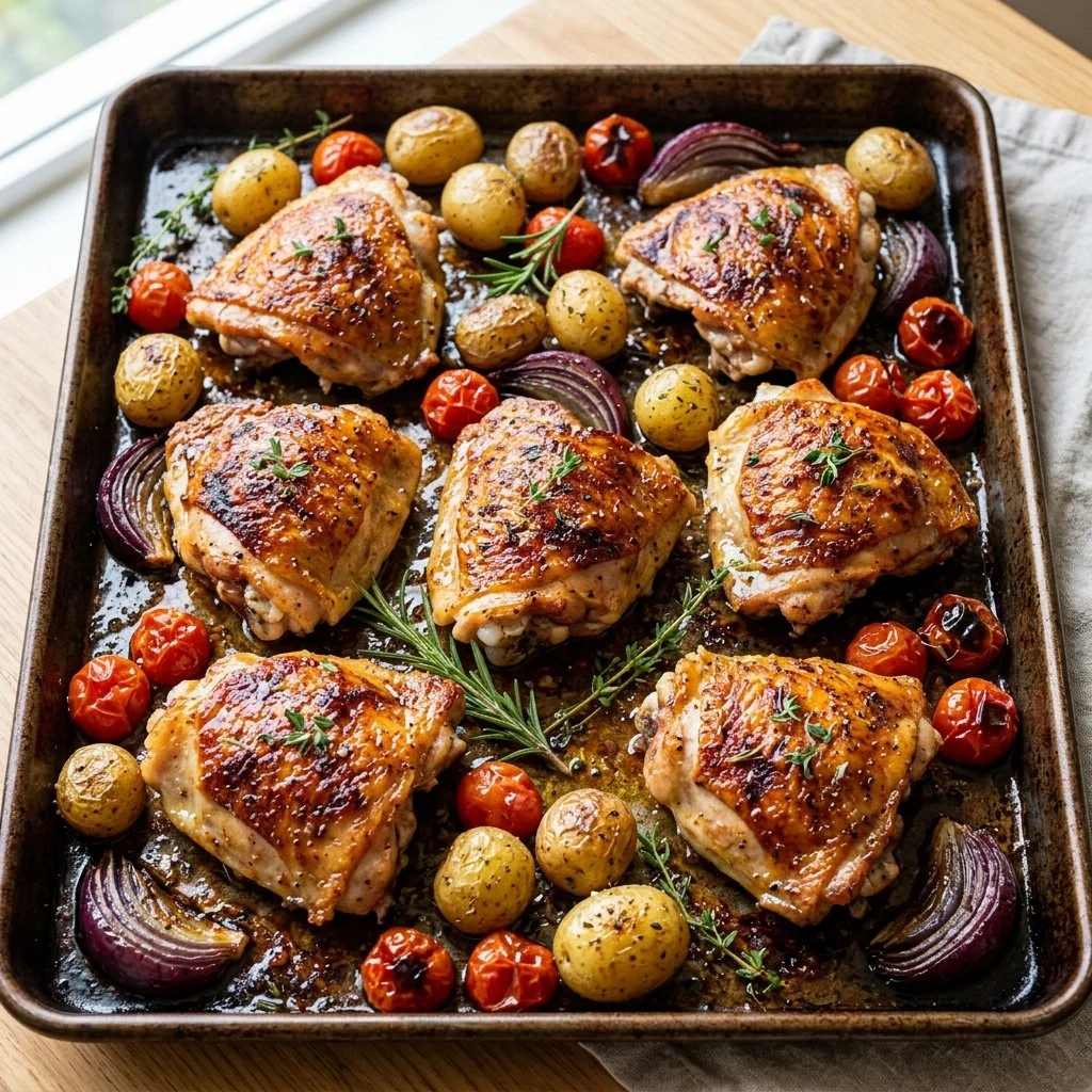 Sheet pan chicken thighs roasted with vegetables for a quick meal