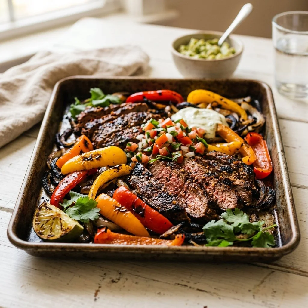 Colorful sheet pan fajitas with bell peppers and grilled chicken, ready to serve.