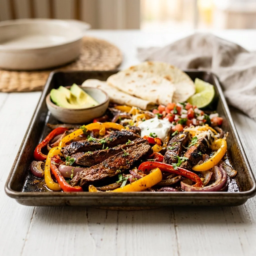 Sheet Pan Fajitas with bell peppers and chicken served on a platter