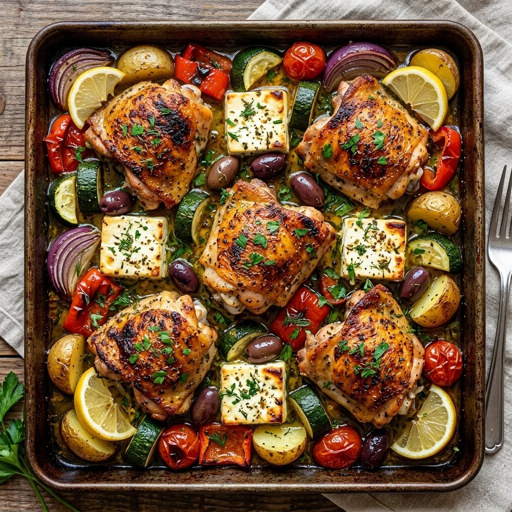 Delicious Sheet Pan Greek Chicken with Mediterranean spices and vegetables