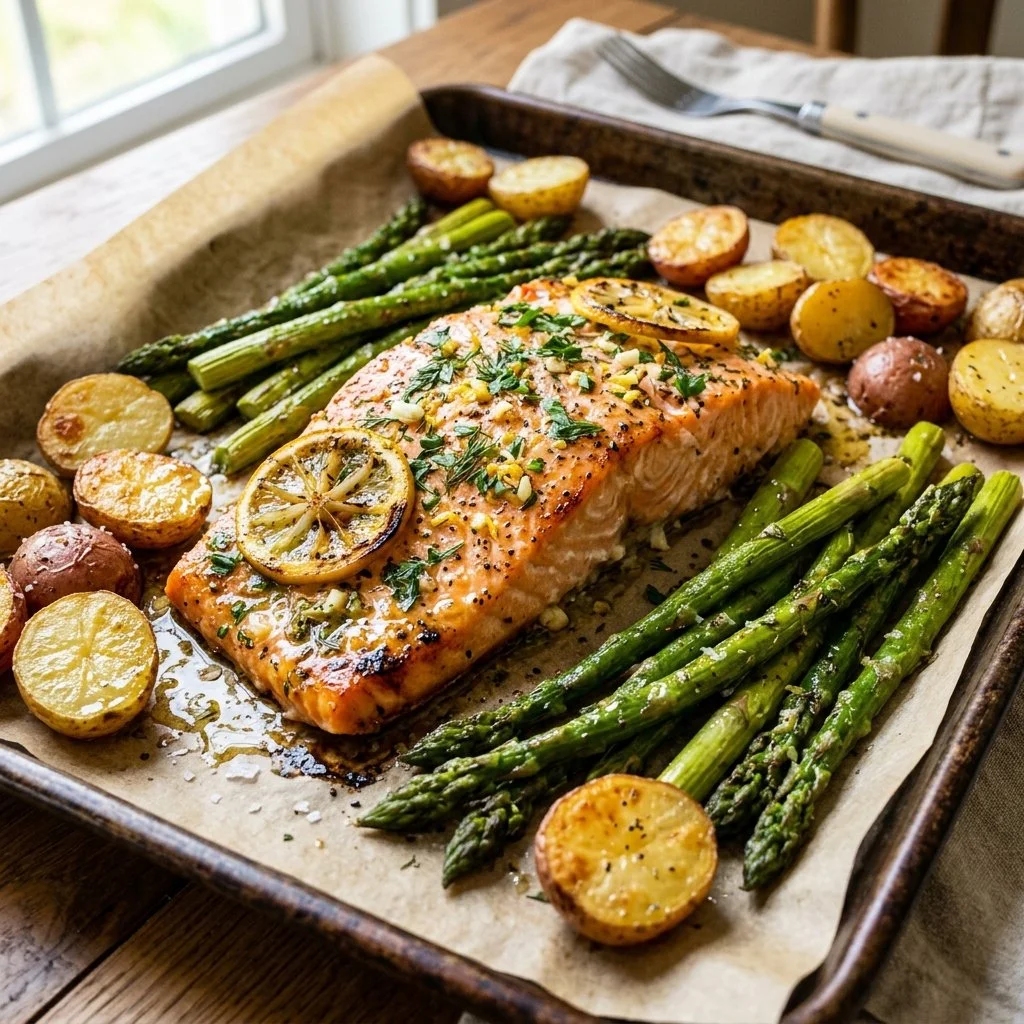 Delicious sheet pan lemon herb salmon garnished with fresh herbs.