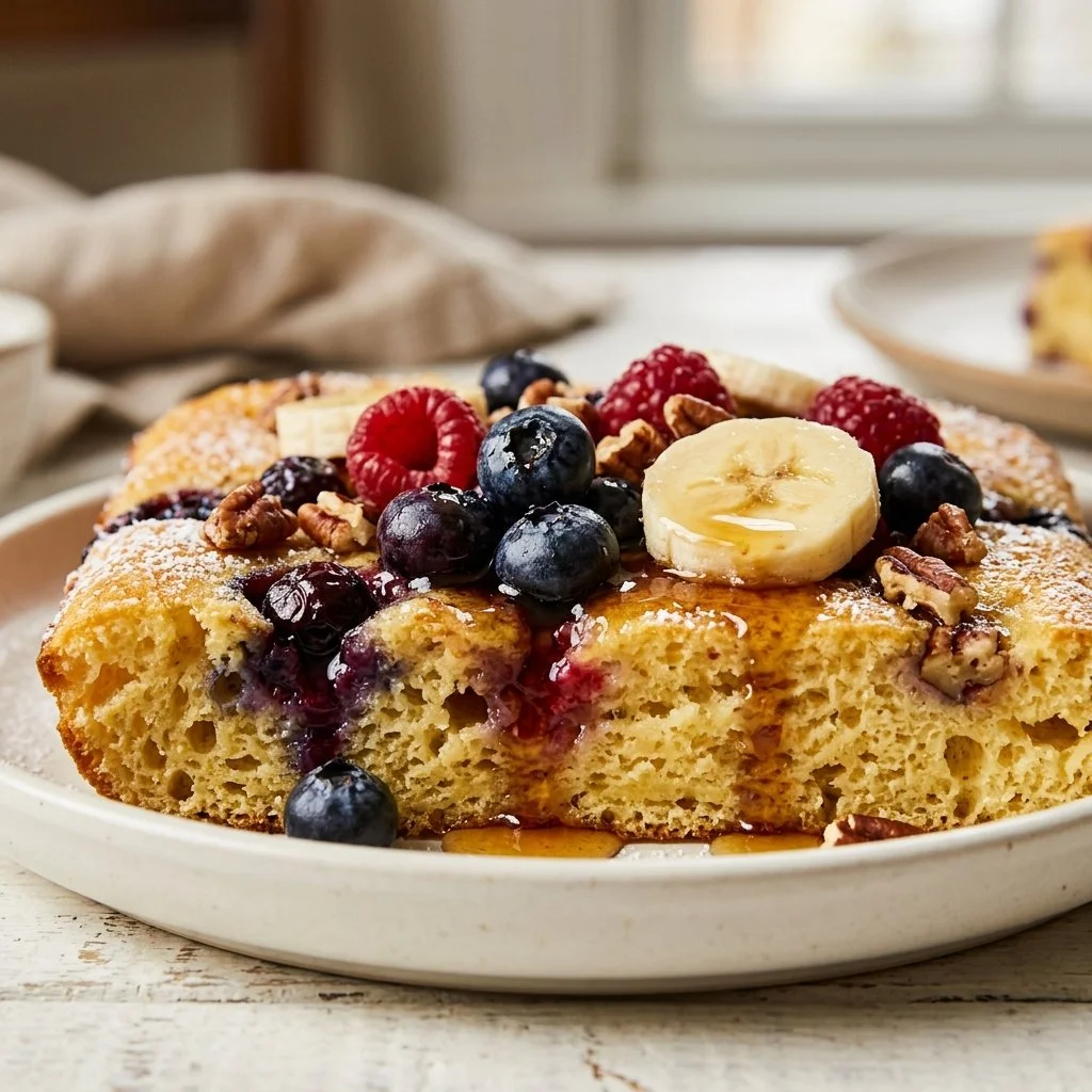 A delicious serving of fluffy sheet pan pancakes topped with berries and syrup.