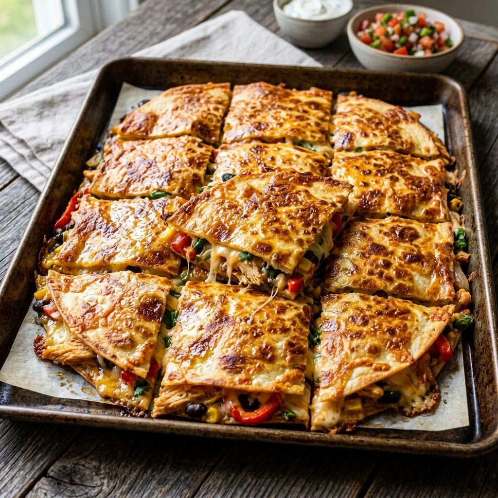 Sheet pan quesadillas baked with cheese and vegetables on a baking tray.