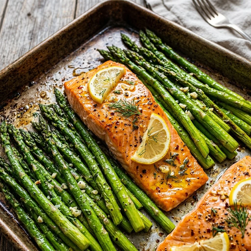 Sheet pan featuring salmon fillets and fresh asparagus, ready to bake.