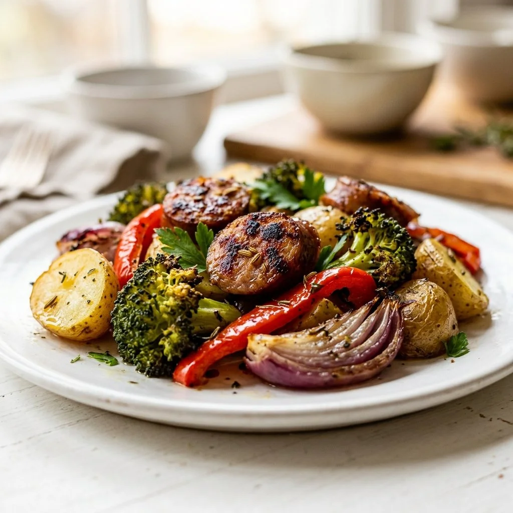 Sheet pan filled with sausage and colorful veggies ready to be roasted.