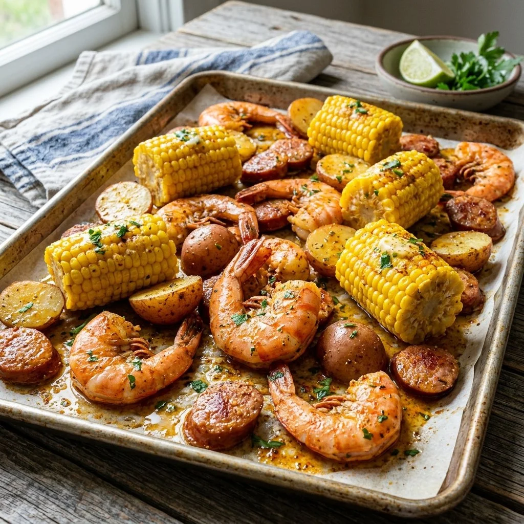 Sheet Pan Shrimp Boil with vegetables and seasonings on a baking sheet