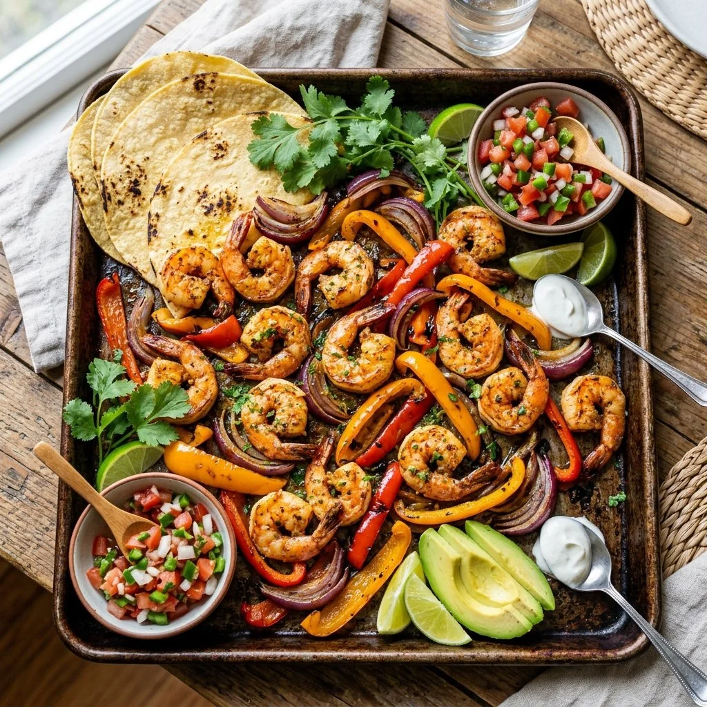 Sheet pan shrimp fajitas with colorful peppers and onions