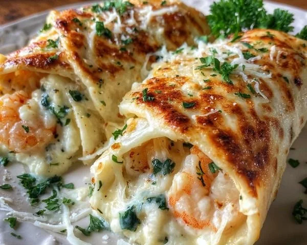 Shrimp Alfredo Roll-Ups topped with creamy sauce and herbs.