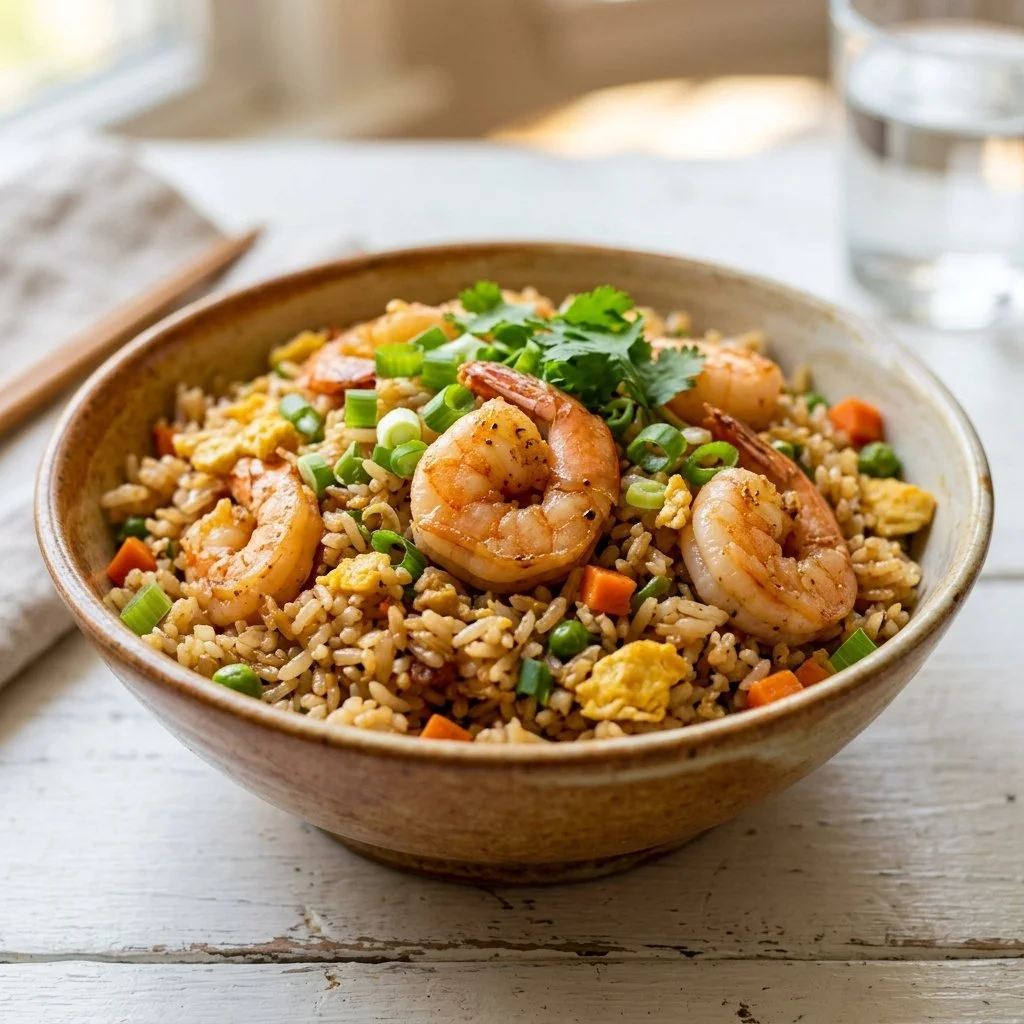 Delicious shrimp fried rice garnished with vegetables and herbs
