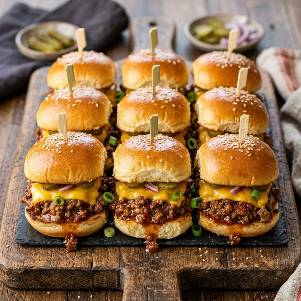 Delicious Sloppy Joe Sliders served on a platter with toppings