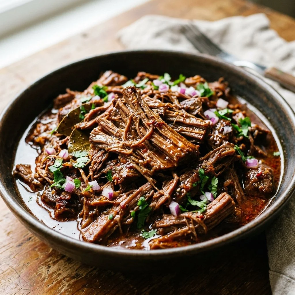 Delicious slow cooker barbacoa beef served in tacos with fresh toppings