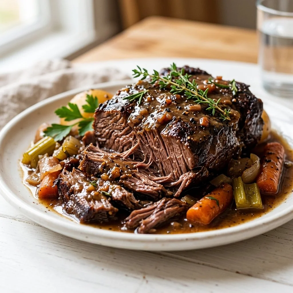 Slow Cooker Beef Roast Recipe with tender meat and flavorful gravy