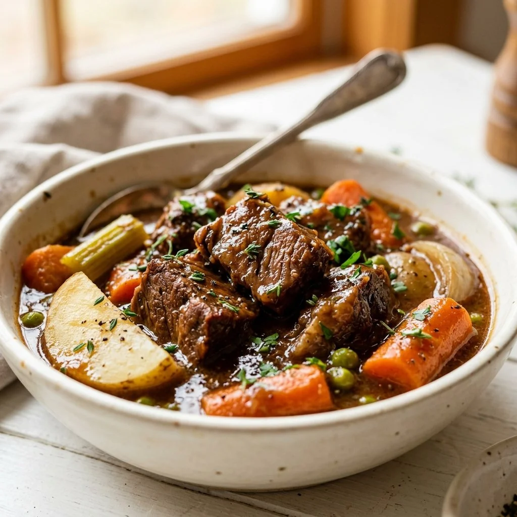 Delicious slow cooker beef stew with vegetables and herbs