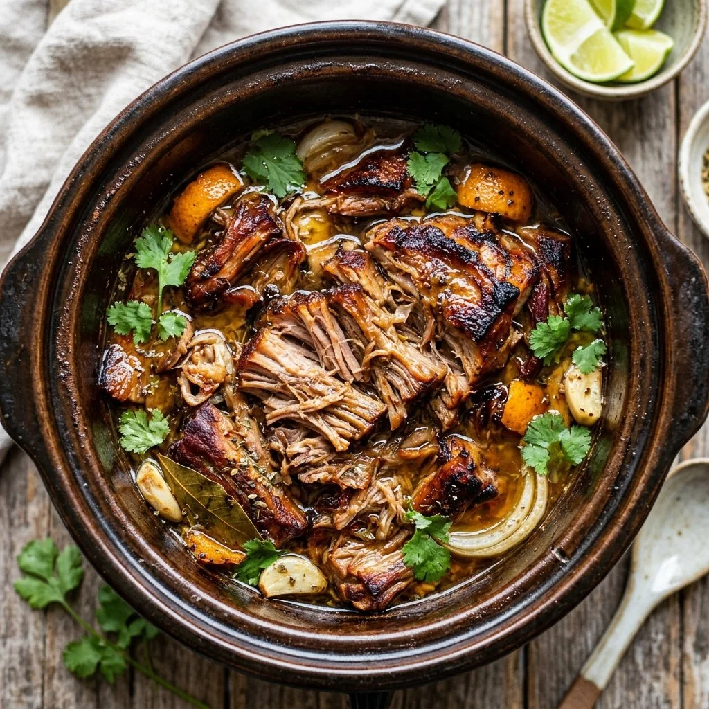 Delicious slow cooker carnitas served in tacos with fresh toppings