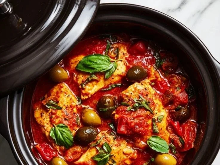 Delicious slow cooker chicken cacciatore served with vegetables and herbs