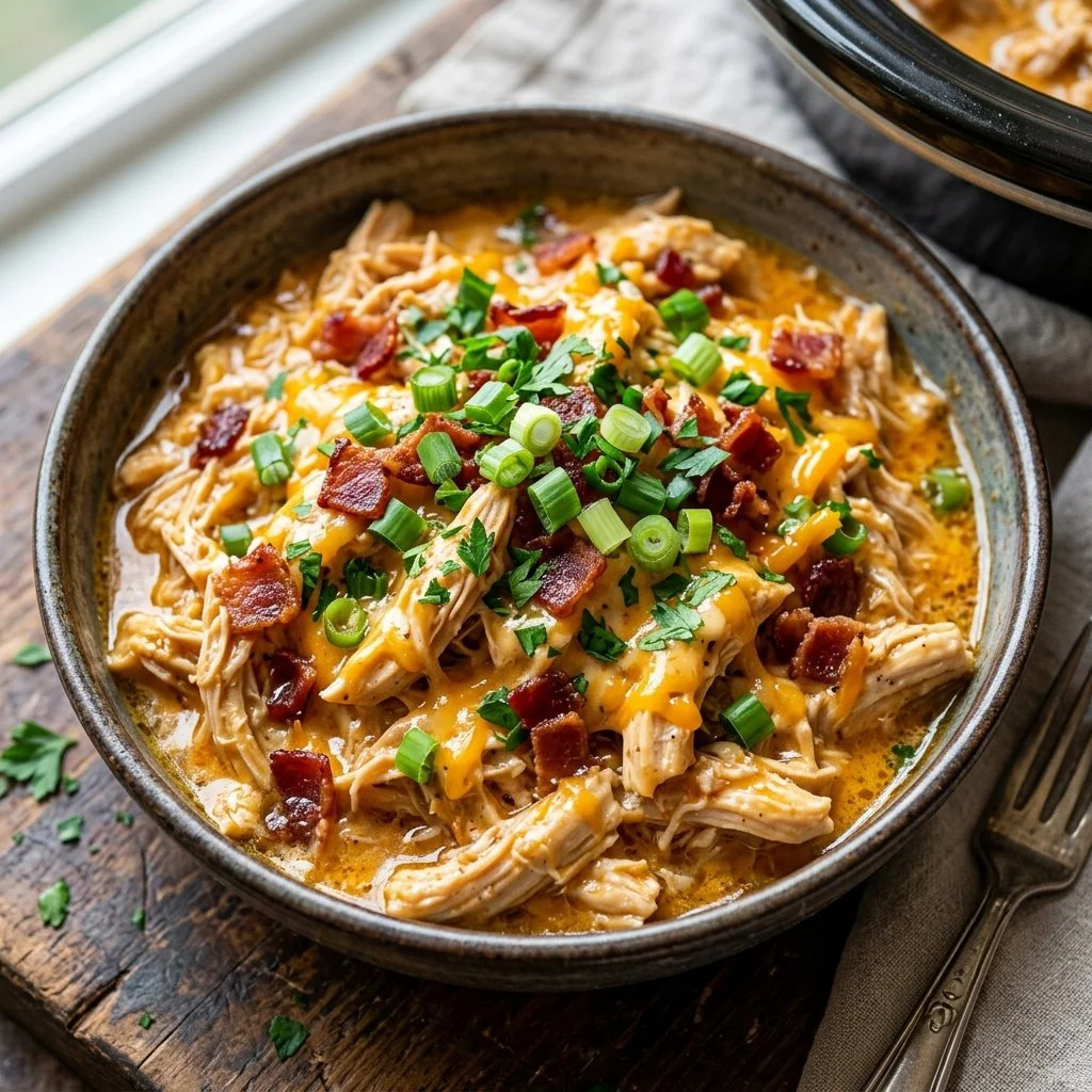 Delicious slow cooker crack chicken topped with creamy sauce and herbs