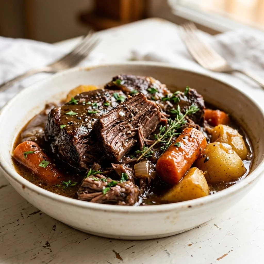 Delicious slow cooker pot roast with vegetables and gravy served on a plate.