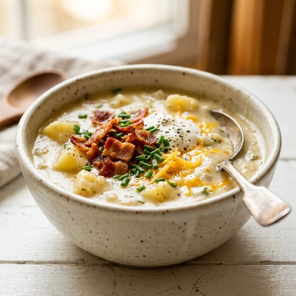 Delicious slow cooker potato soup in a bowl, garnished with herbs.