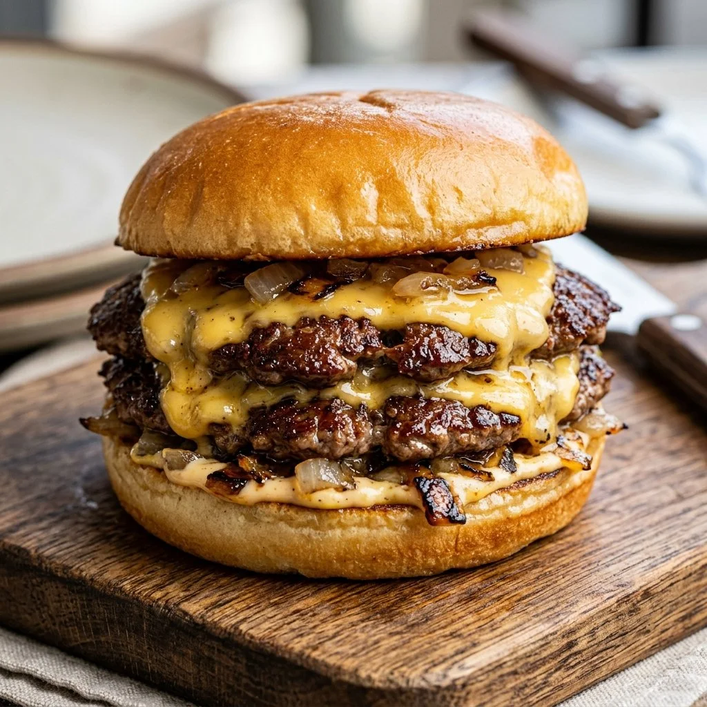 Deliciously stacked Smash Burger with fresh ingredients and crispy edges.