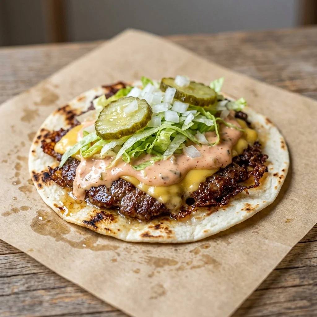 Delicious Smash Burger Tacos with toppings on a rustic wooden table