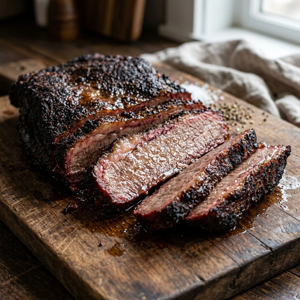 Delicious smoked beef brisket served with barbecue sauce and sides.