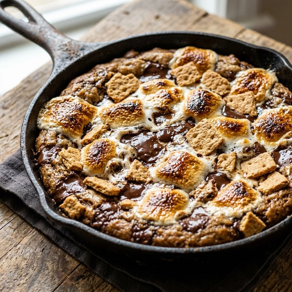 Delicious S'mores Skillet Cookie topped with chocolate and marshmallows in a cast-iron skillet.