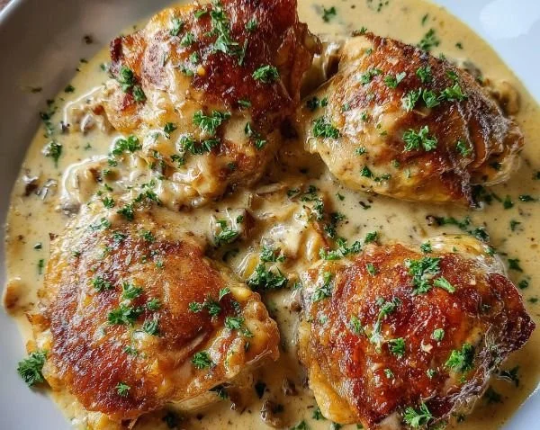 Delicious smothered chicken thighs served with creamy gravy