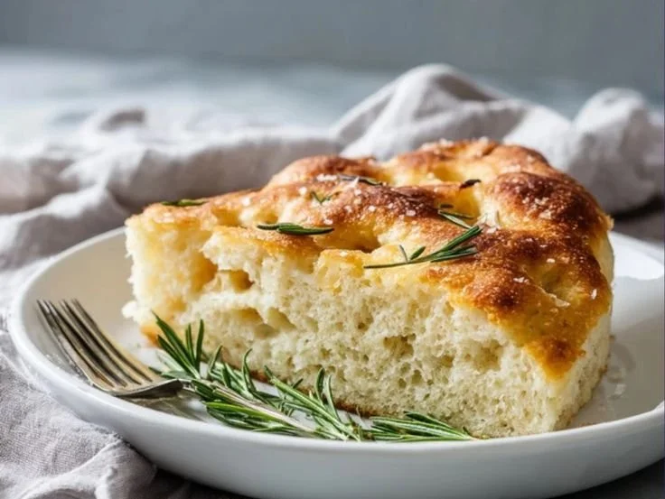 Freshly baked sourdough focaccia topped with herbs and olives