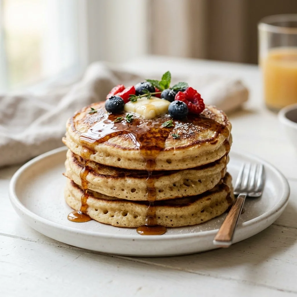 Delicious sourdough pancakes topped with syrup and berries on a plate.