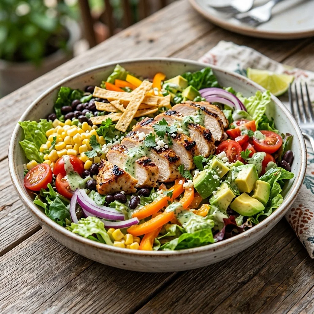 Bowl of colorful Southwest Chicken Salad with grilled chicken and fresh vegetables