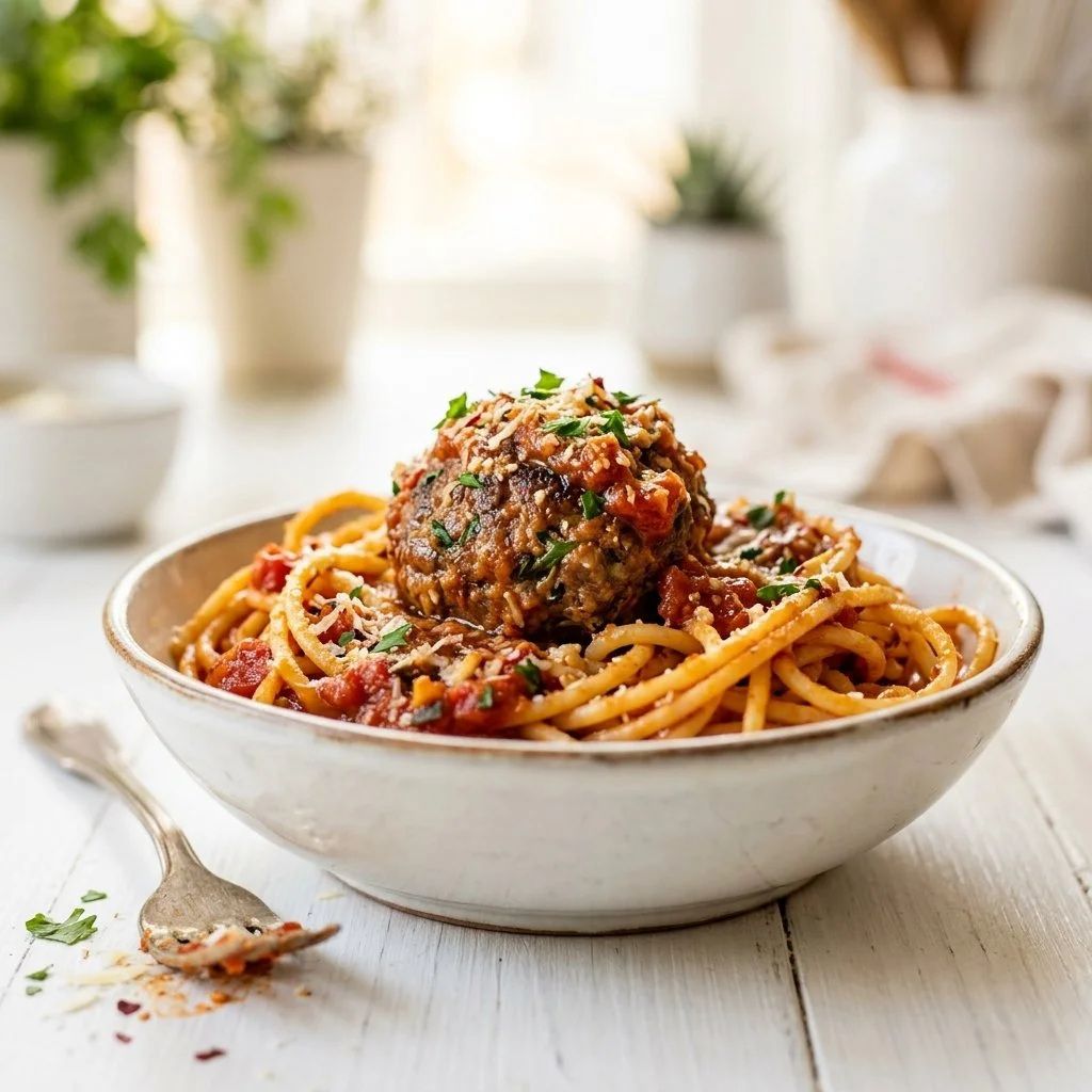 Delicious spaghetti and meatballs served on a plate with sauce and herbs