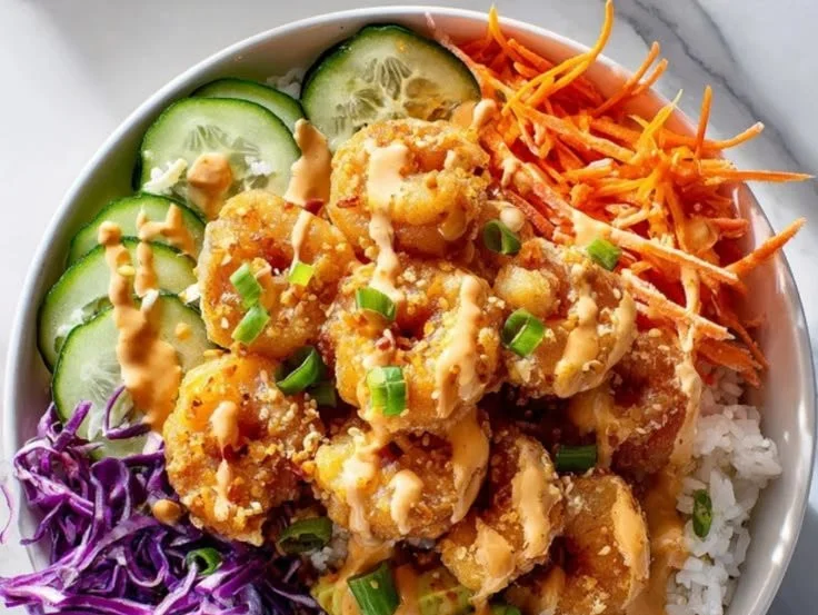 Delicious Spicy Bang Bang Shrimp Bowl garnished with fresh ingredients.