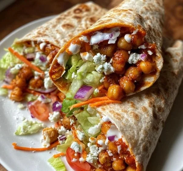 Spicy Buffalo Chickpea Wraps served with fresh vegetables and sauce.