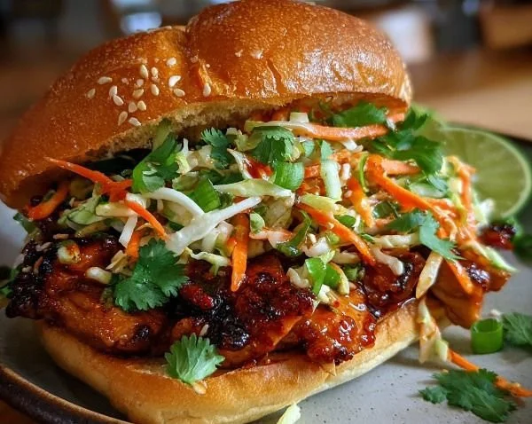 Spicy Korean BBQ Chicken Sandwich with crunchy slaw on a wooden table