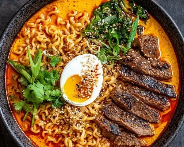 Bowl of spicy Korean ramen with grilled beef and creamy sauce