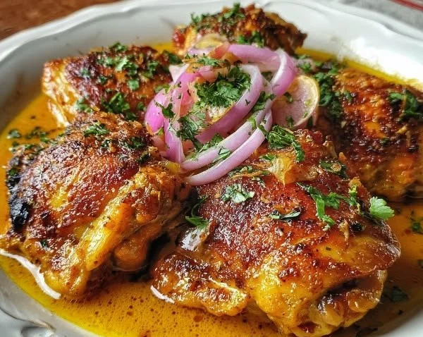 Spicy Aji Amarillo Chicken served with fresh herbs and side dishes