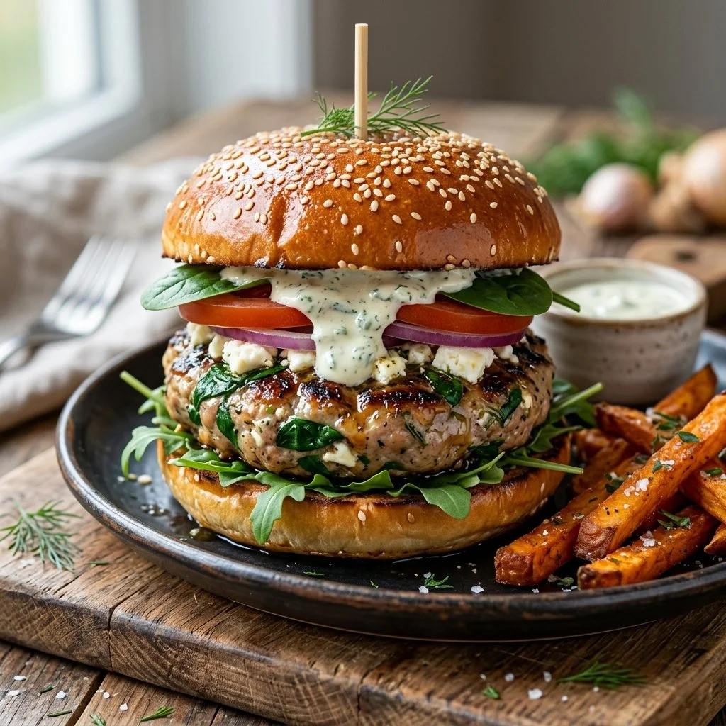 Delicious spinach and feta turkey burgers served on a plate