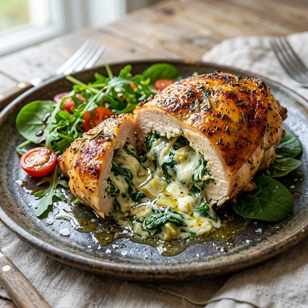 Spinach Artichoke Stuffed Chicken garnished and plated, showcasing its delicious filling.