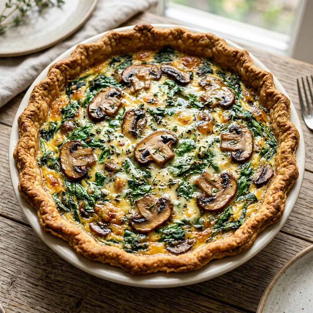 Spinach mushroom quiche garnished with fresh herbs and served on a plate.